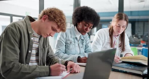 Education, laptop and study group with student friends in library of college or university together