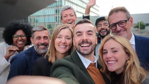 Big Group of Business People Smiling and Waving Hands on a Video Call Crowd of Business People