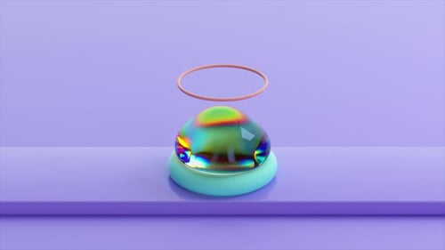 Bolha iridescente com auréola flutua acima de uma plataforma em tons pastel, exalando calma em uma animação surreal em 3D