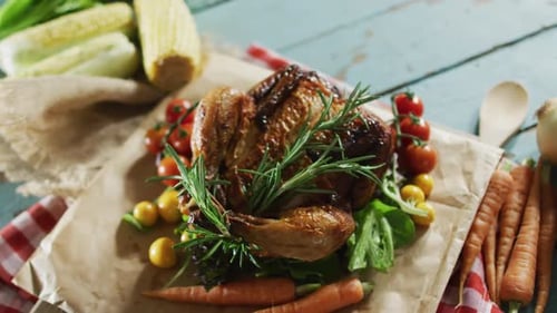 Close up view of cooked chicken and multiple food ingredients on wooden surface