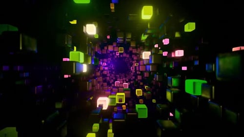 Abstract Flying Cubes Neon Data Tunnel Background