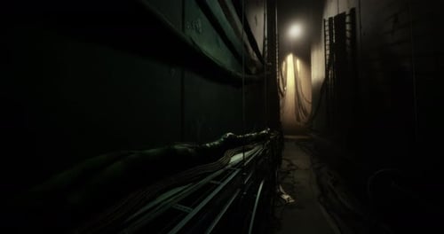 Dimly Lit Corridor with Cables in a Dark Industrial Space During Evening