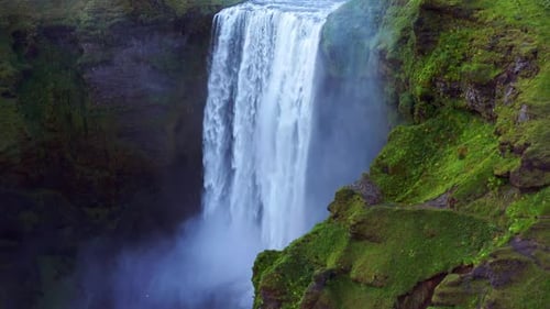Aerial View on the beautiful Skogafoss Waterfall in Iceland - drone shot