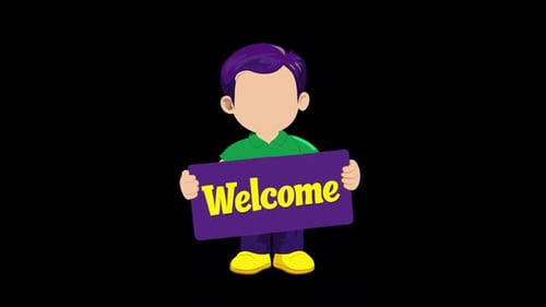 Flat Design Animated Boy Holding Welcome Sign