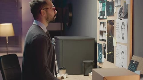 Man Investigating a Case in Dimly Lit Office