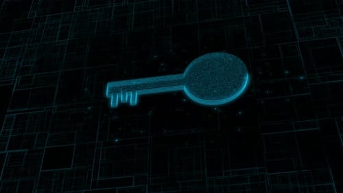 Futuristic glowing low polygonal pad lock key icon animation background. mz_703