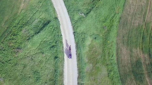 Horse-Drawn Buggy on Country Road from Above