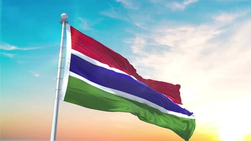 Realistic 3D Gambia Flag Waving Animation with Sky Background