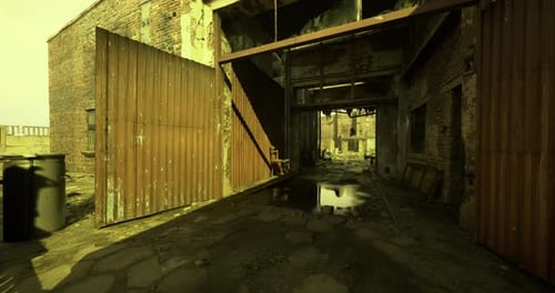 Gritty Rusted Industrial Door Opens to Reveal Dark Hallway