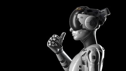 robot woman in side view, robot makes a gesture to come closer. has an alpha channel