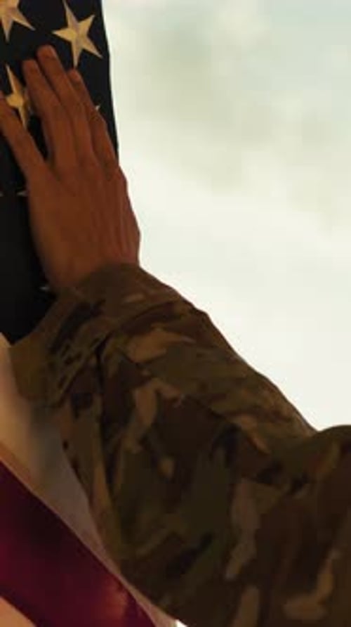 Soldier Caresses American Flag Remembering War Fallen Holiday Memorial DAy