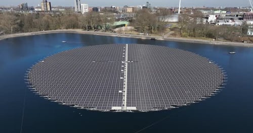 floating solar panel. Renewable sustainable energy. Aerial view.