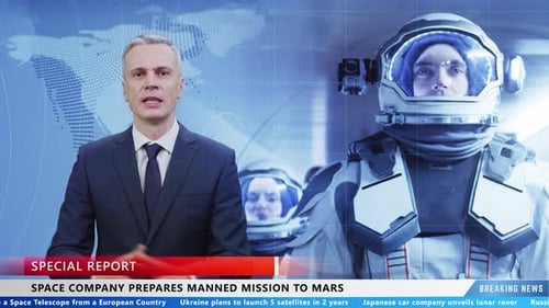 Presentador de noticias masculino hablando sobre astronautas