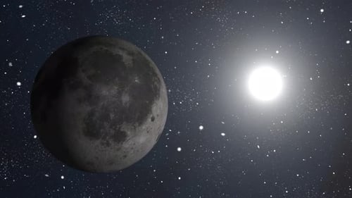 Animation of Moon planet seen from space, Asteroids Cloud and cosmos, 2676
