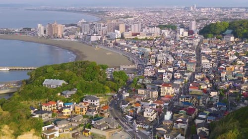 Enoshima City, Coastline of Kanagawa Japan. Sunrise Aerial Establishing Shot