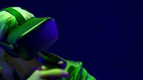 Woman Immersed in Virtual Reality Gaming with Headset