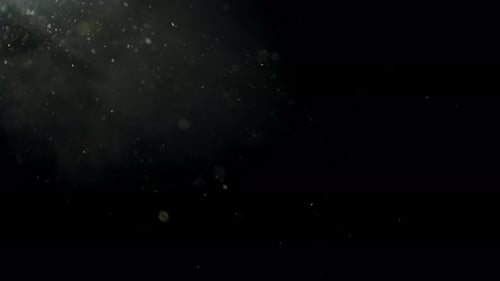 Schwebende weiße Staubpartikel im Lichtstrahl auf schwarzem Hintergrund