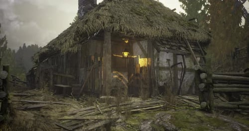 Rustic Cabin in Autumn Forest with Glowing Light