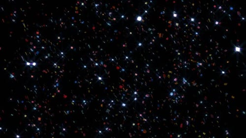 Festliches Konfetti, das den gesamten Rahmen umkreist und füllt. Quadratisches Konfetti isoliert auf schwarzem Hintergrund...