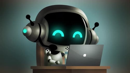 Animated Futuristic Robot Character Chatting at Laptop