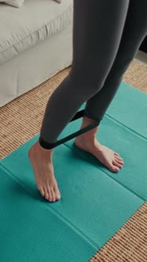 Woman Exercises Legs with Resistance Band on Yoga Mat