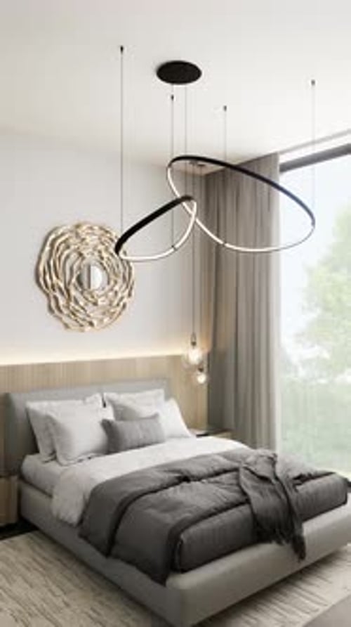 Bedroom in a minimalist modern style with a small work area and wardrobe. 3d render