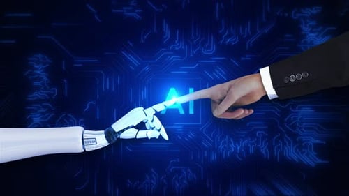 Futuristic Human and Robot Hand Connection: AI Technology Concept