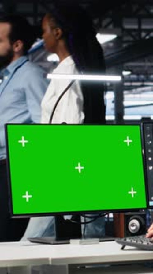 Vertical Video Data Center Technician Managing AI Systems Using Mockup PC