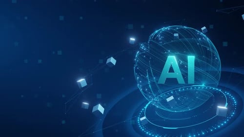A blue background with a glowing sphere with the letters AI on it