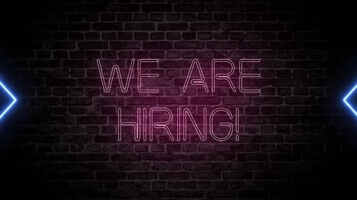 We Are Hiring Neon Sign Text on Dark Brick Wall Animation