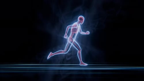 Futuristic Holographic Runner with Visible Skeleton and Organs