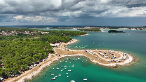 Aerial view of the camper parking area. Camping on the seashore. Resting in a mobile home.