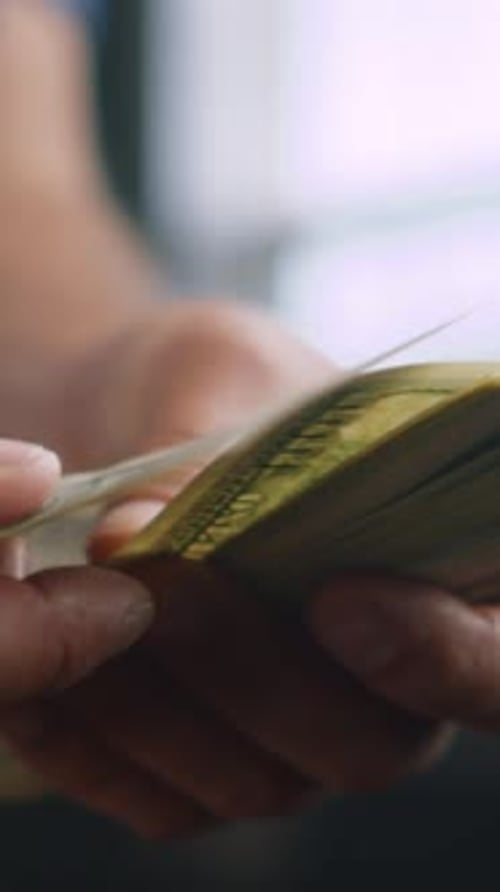 Close Up Man Sorting Dollar Bills Cash Money Payment And Finance Budget Moment