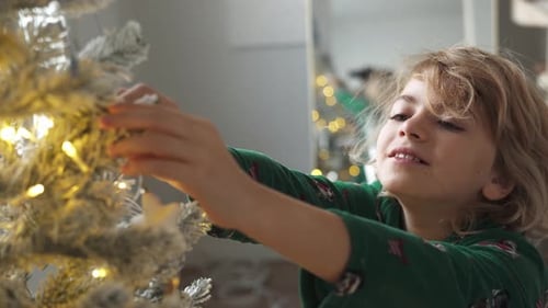 Child Decorates Christmas Tree at Home During Daytime