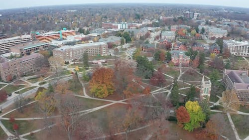 Michigan State University campus wide shot with drone video moving sideways.