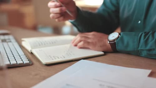 Writing, notebook and business person with pen for information, research and website