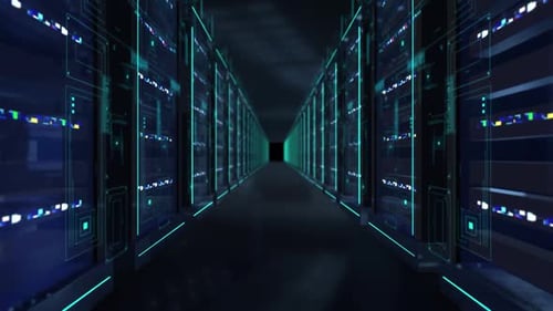 Futuristische Serverracks in einem glühenden Rechenzentrum