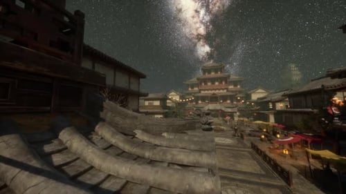 Nighttime View of a Traditional Japanese Village Beneath a Starry Sky