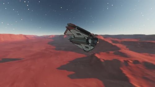 Futuristic Spaceships Flying Over a Martian Desert Landscape