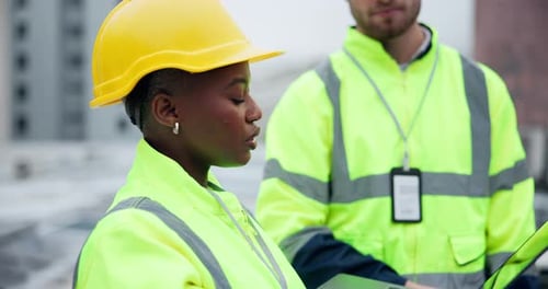 Business people, technician and meeting with laptop on rooftop for construction