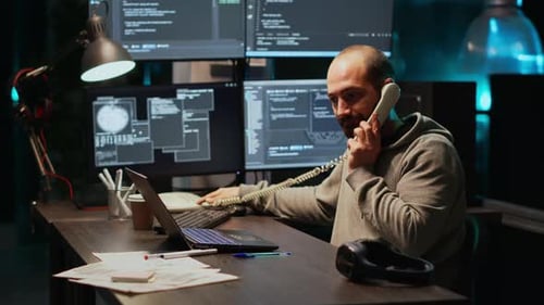 Software Developer Talking on Landline Phone at Night