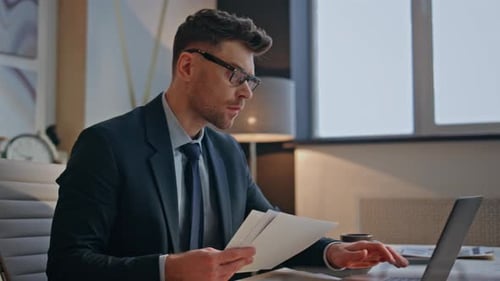 Focused Businessman Working Office Closeup Man Holding Papers Answering Email