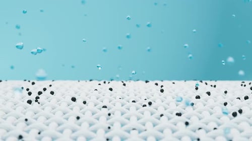 Las gotas de agua caen sobre una tela blanca con suciedad y limpian la suciedad de la ropa, concepto de lavado en 3D