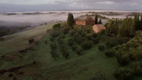 Aerial view of foggy sunrise over villa and cypress trees, Italy.