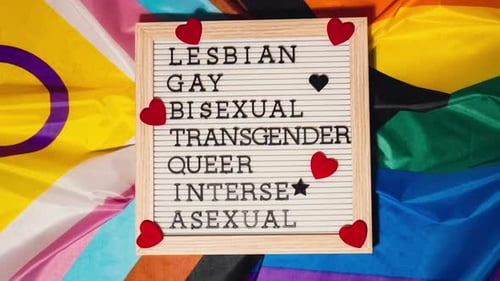 LGBTQIA+ Identity Words on Letter Board with Animated Hearts and Pride Flags