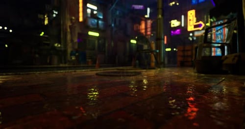 Vibrant Rain Soaked Alley Illuminated By Neon Lights at Night