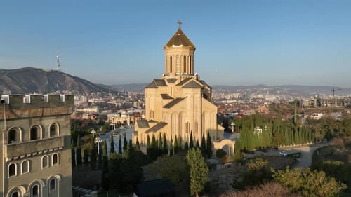 Drone view of Tbilisi city center featuring the Sameba Holy Trinity Cathedral, Georgia