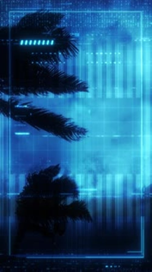 Glowing Blue Digital Display Surveillance Camera Storm Footage Loop