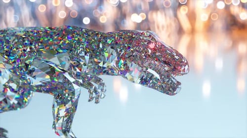 Closeup of a Walking Diamond Dinosaur Rainbow Color Brilliant Shining 3d Animation of Seamless Loop