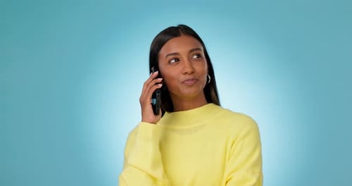 Woman, mobile communication and phone call in studio for discussion, news